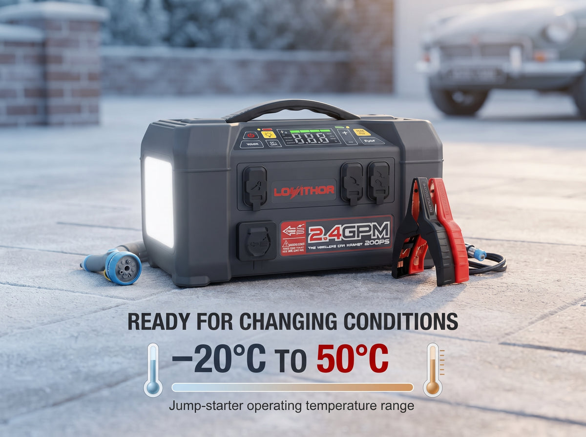 5-in-1 car battery jump starter showing all-weather operating temperature range from -20°C to 50°C.