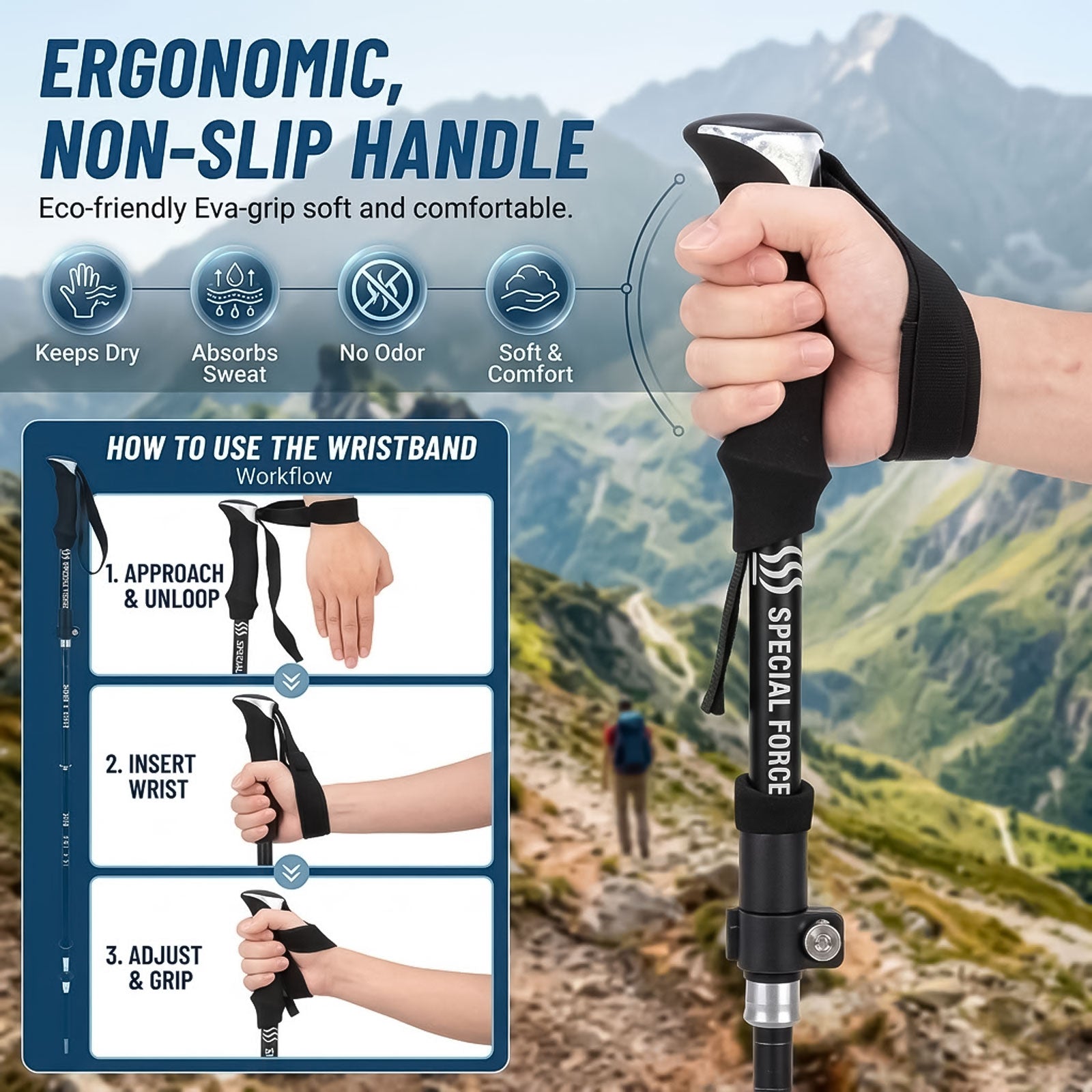 Collapsible Trekking Pole - Multifunctional Compass Paracord Bracelet 2 Pack Folding Trekking Poles