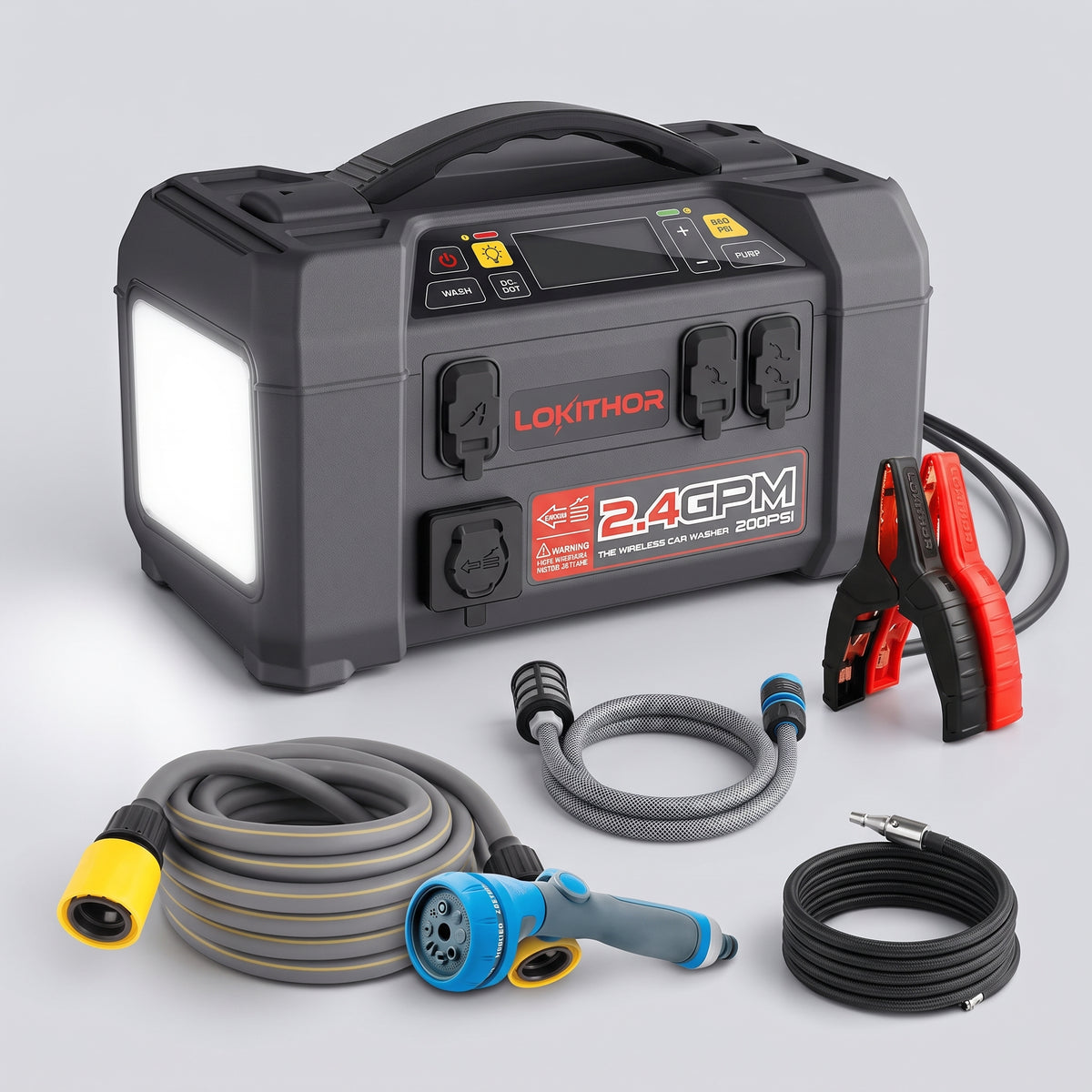 5-in-1 car battery jump starter complete kit with booster cables, air hose, and pressure washer attachments.