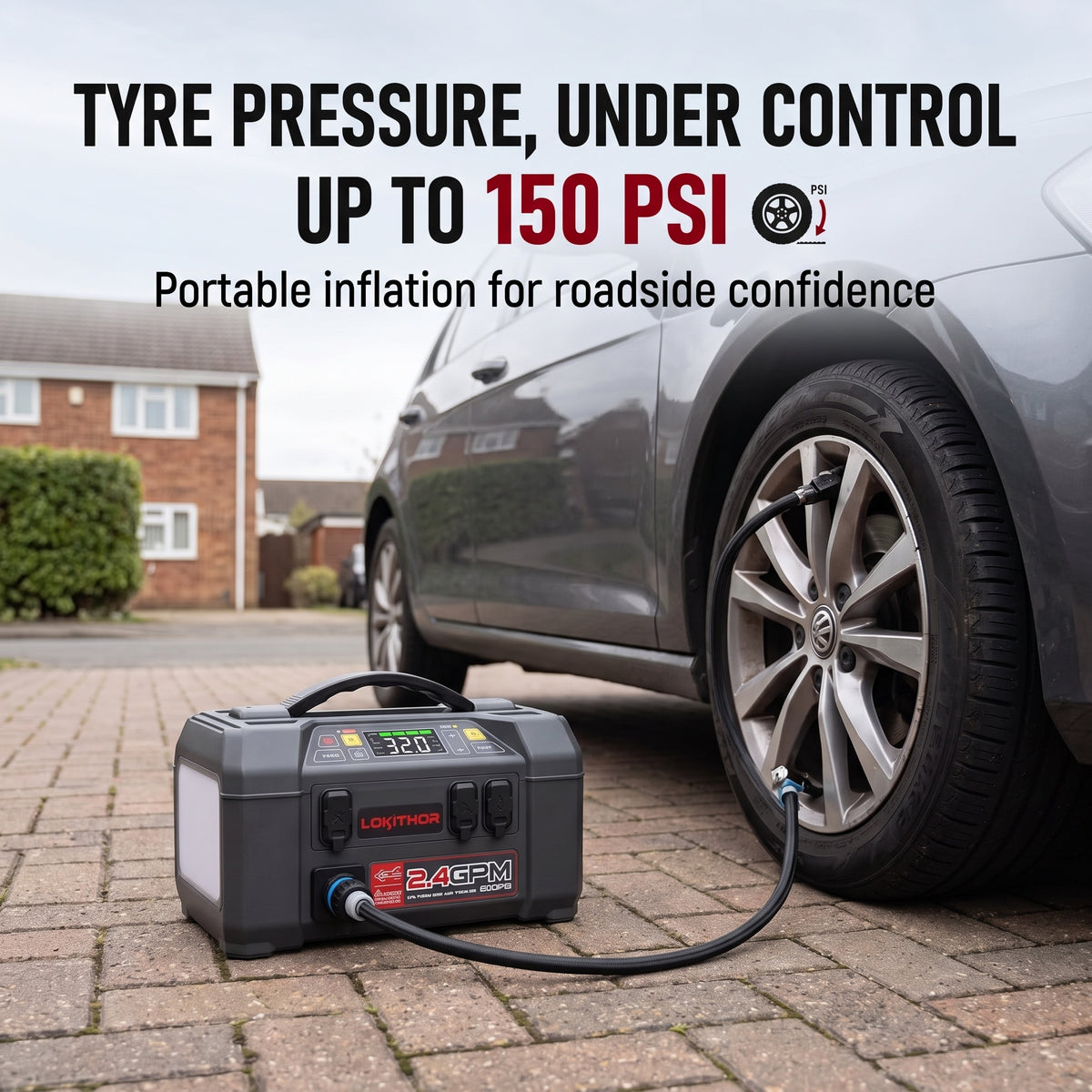 Batter jump starter with 150 PSI air compressor inflating a car tyre on a driveway.