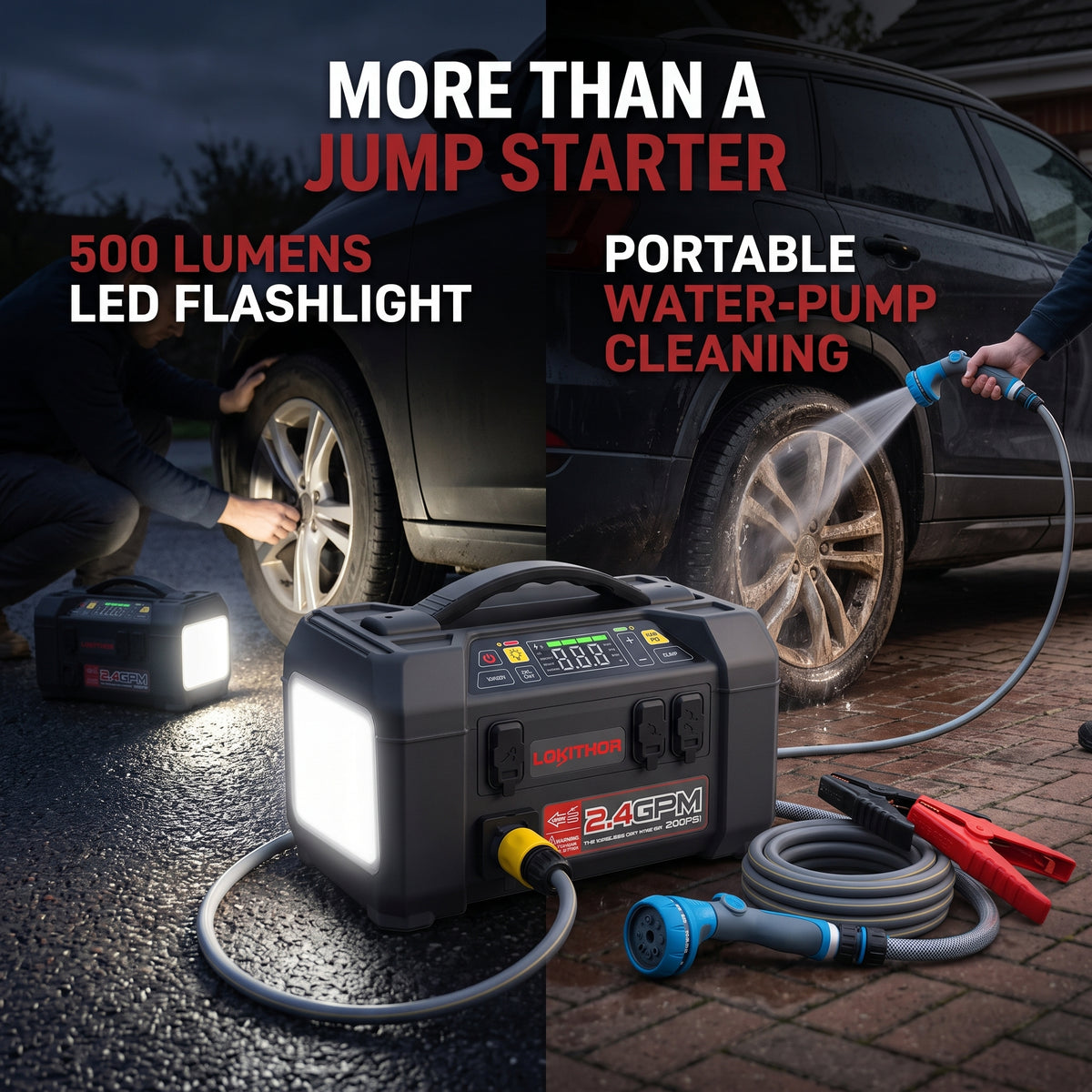 5-in-1 car battery jump starter showing 500-lumen emergency LED work light and portable water pump cleaning a car wheel.