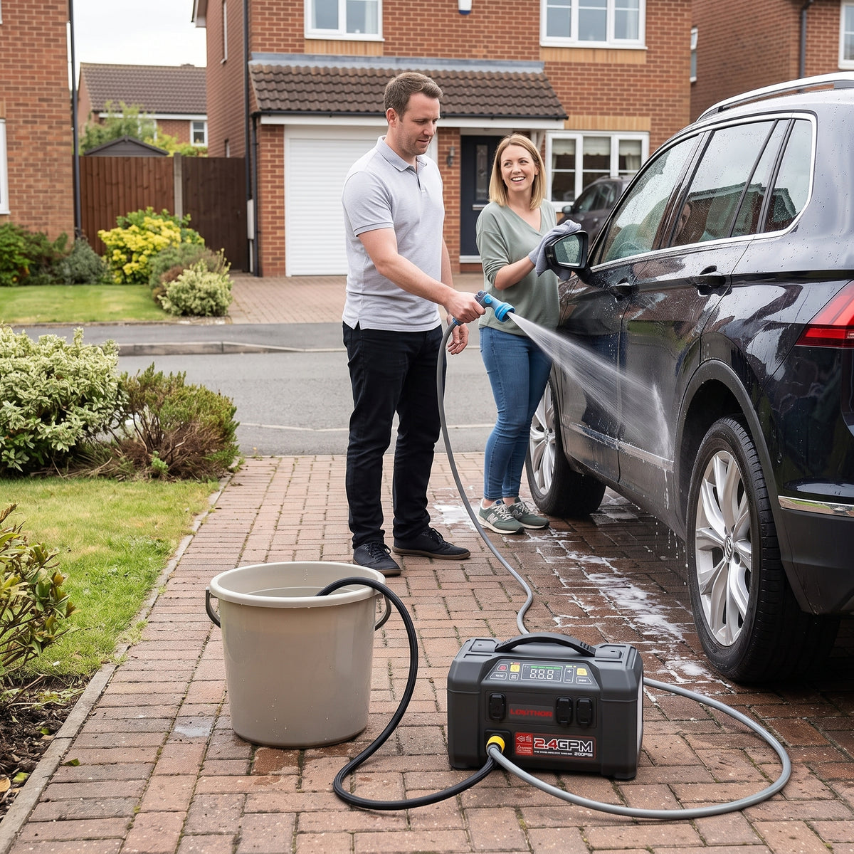 Couple washing car on driveway using cordless pressure washer powered b y 5-in-1 jump starter and water bucket.