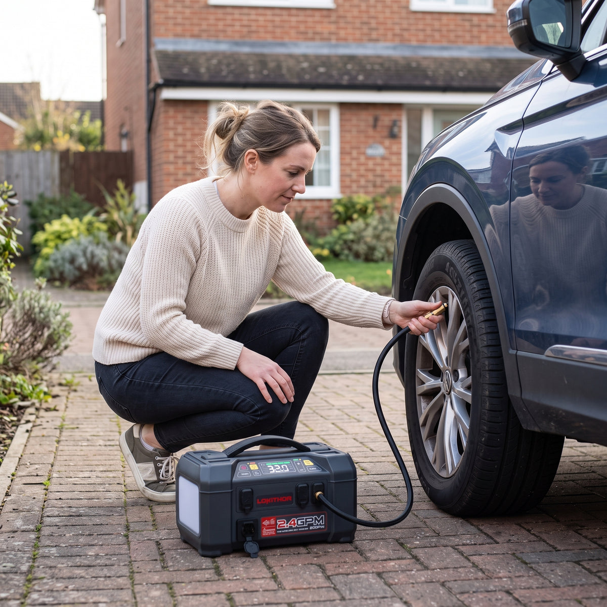 Woman inflating car tyre on driveway with 5-in-1 jump starter air compressor hose attached.