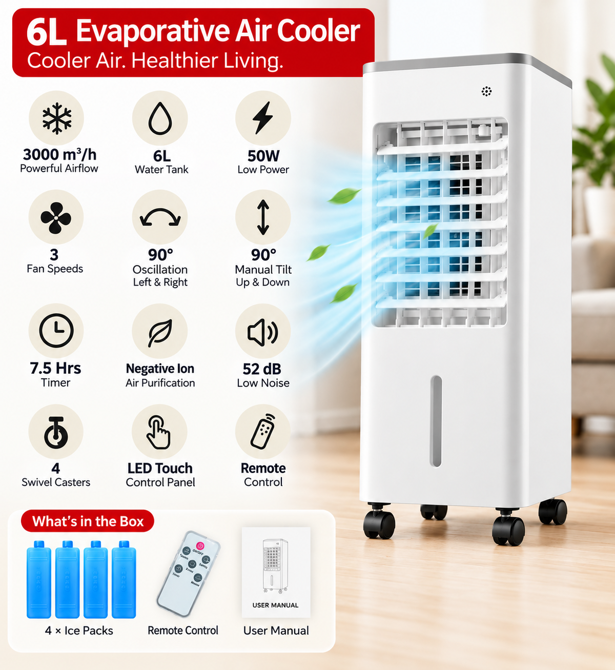 Portable Air Conditioner - 2L/4L/5L Air Cooler Evaporative Oscillating Unit Ice Fan W/ Remote Swing AC