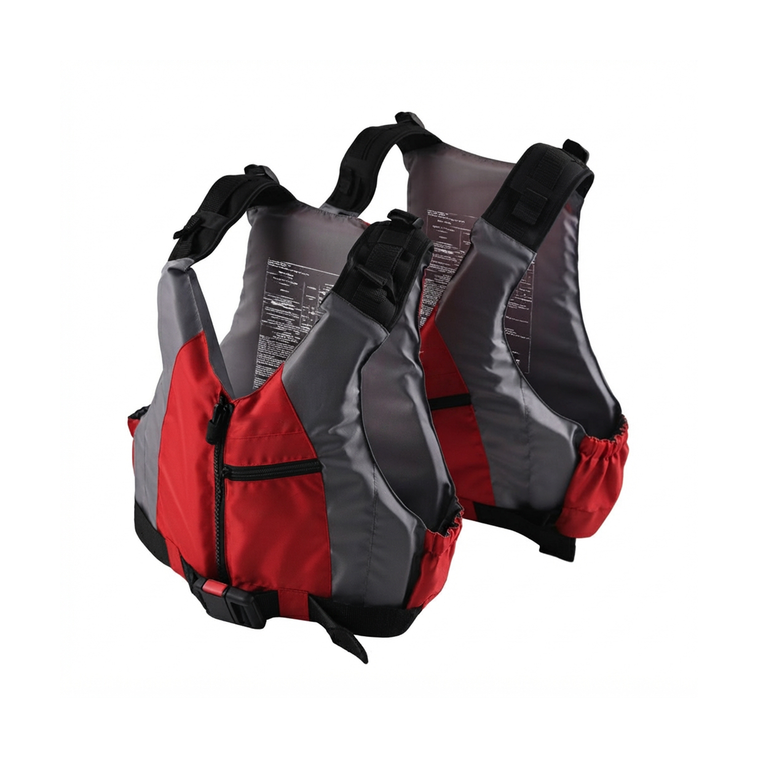 Angled studio view of red and grey watersports life jacket showing foam padding