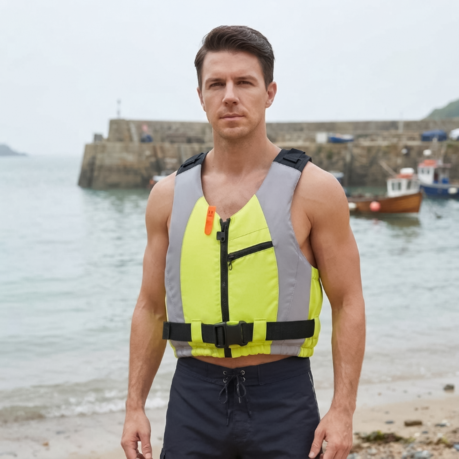 Adult man wearing high-visibility yellow and grey buoyancy vest on a coastal beach