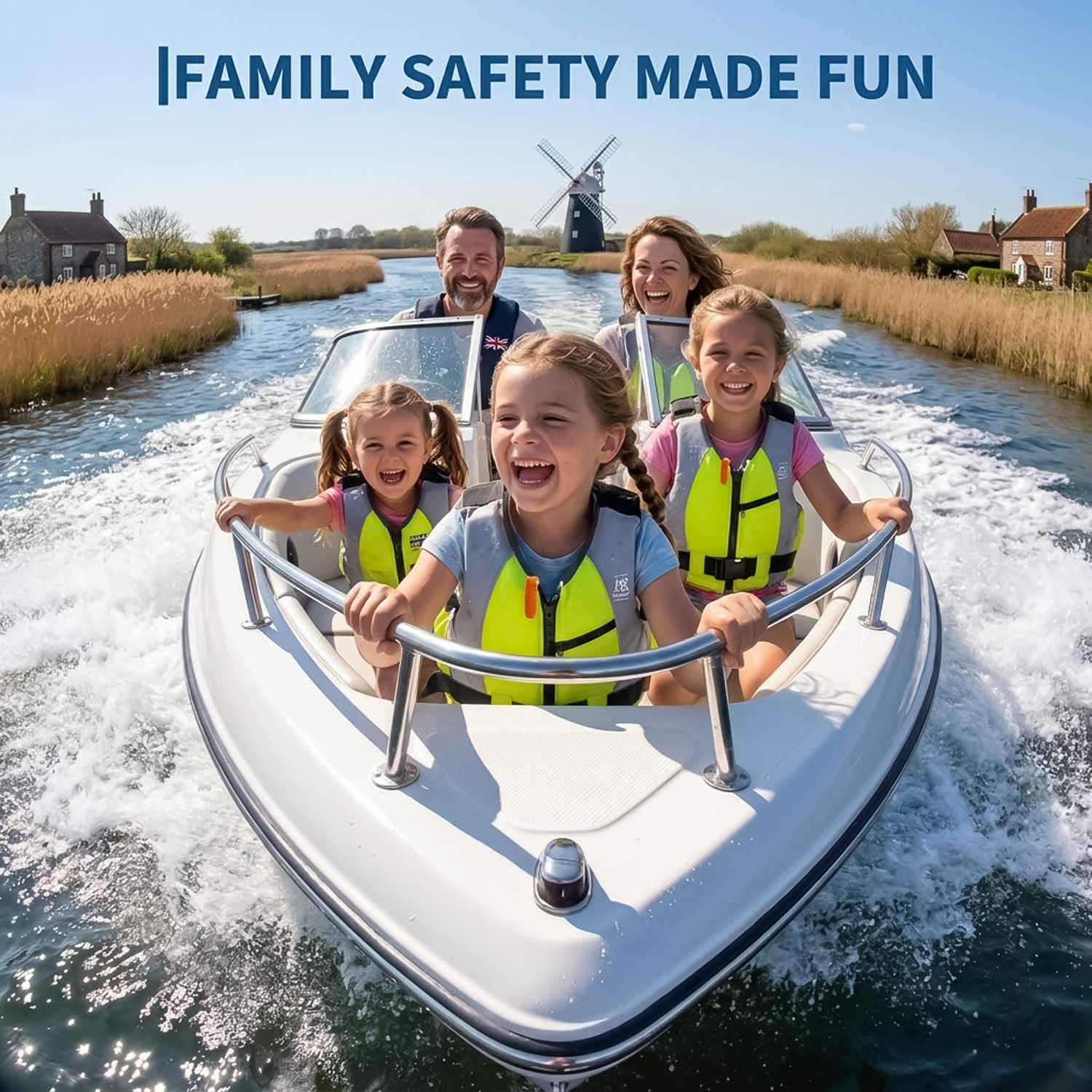 Family wearing safety buoyancy vests smiling together while riding a motorboat on a canal