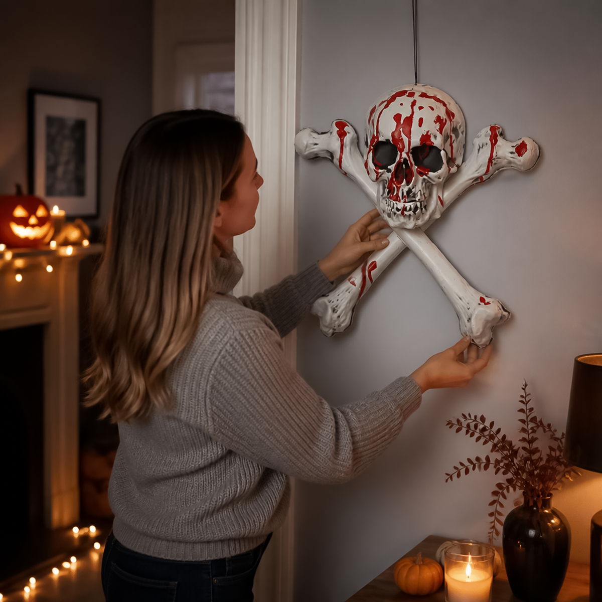 Woman hanging bloody skull and cross bones decoration on living room wall
