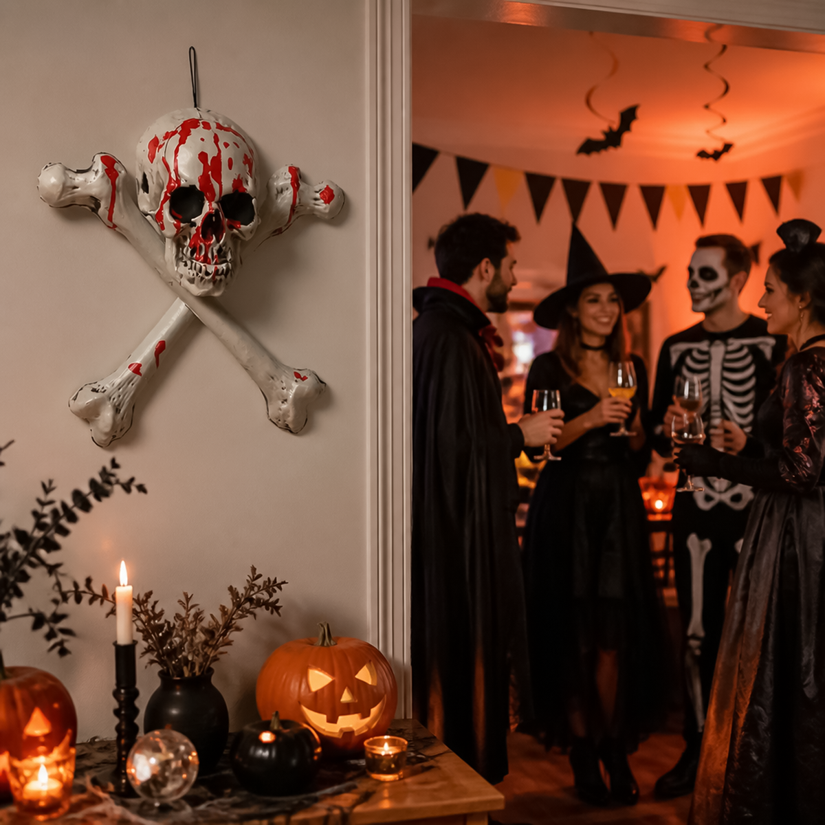 Party guests gathered around wall mounted bloody skull and crossbones prop at Halloween event.