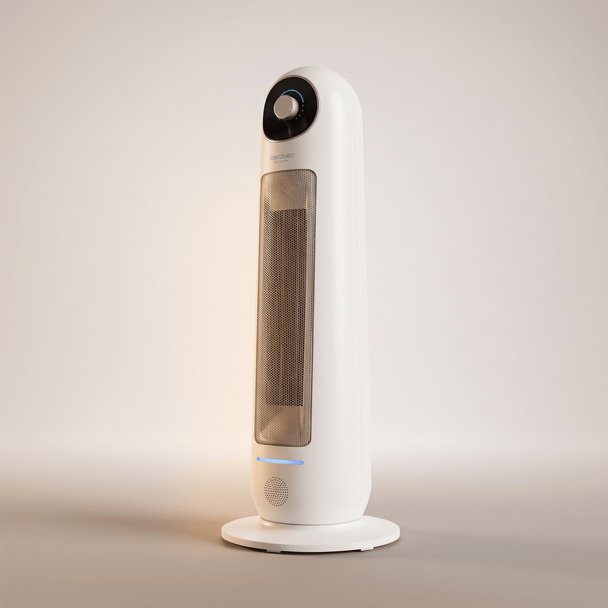 Studio shot of white upright 2200W ceramic tower heater on round base.