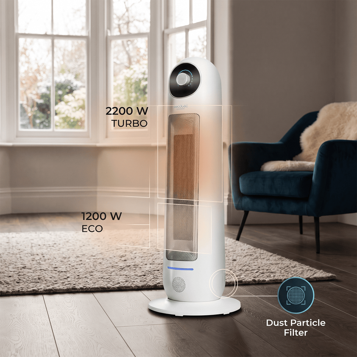 Oscillating ceramic tower heater by window displaying 1200W eco and 2200W turbo heating zones.