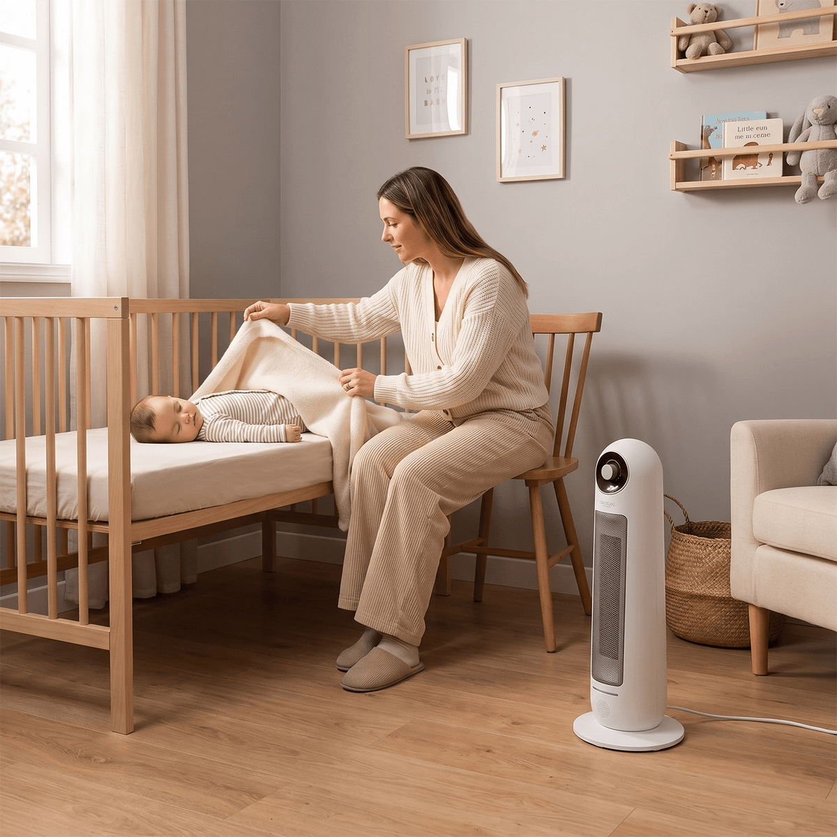 Mother tucking baby into cot with quite ceramic tower heater operating in nursery.