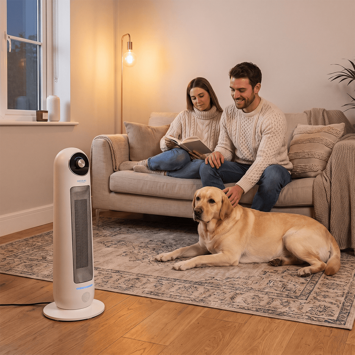 Couple relaxing on sofa with dog beside white oscillating ceramic tower heater in living room.