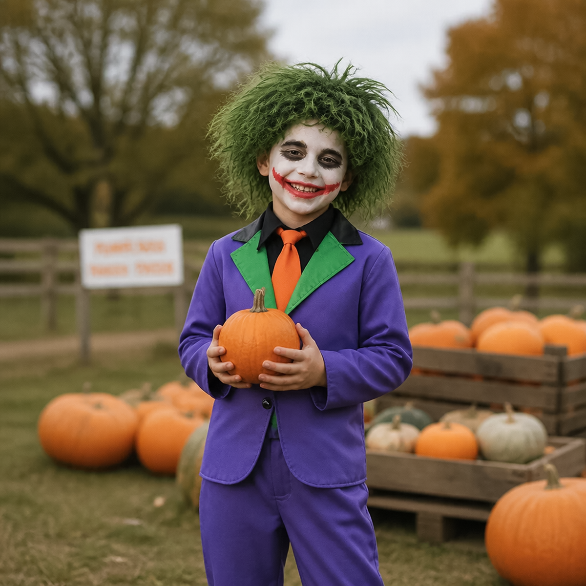 Child dressed in kids villain clown costume holding a pumpkin at an autumn patch.