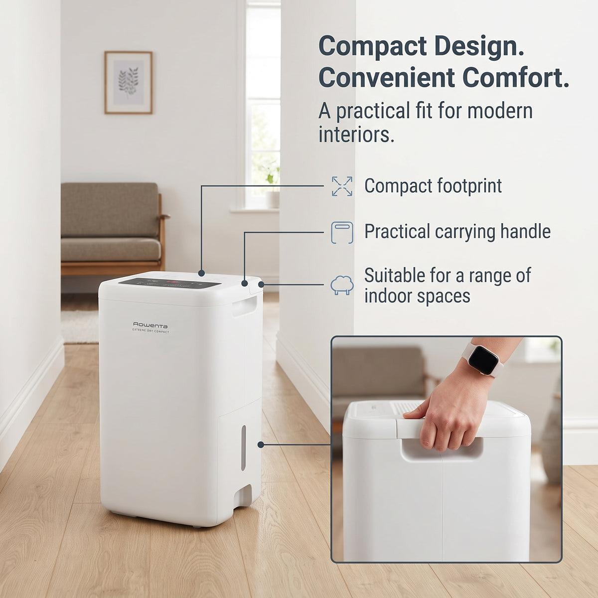 Compact 14L portable dehumidifier with built-in top carry handle designed for easy room-to-room portability.
