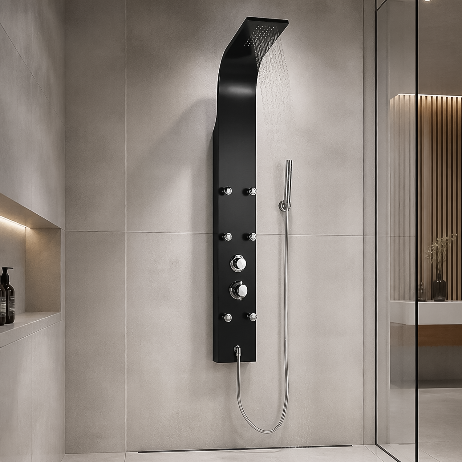 Matte black shower tower panel mounted on light grey bathroom tiles with overhead rainfall running