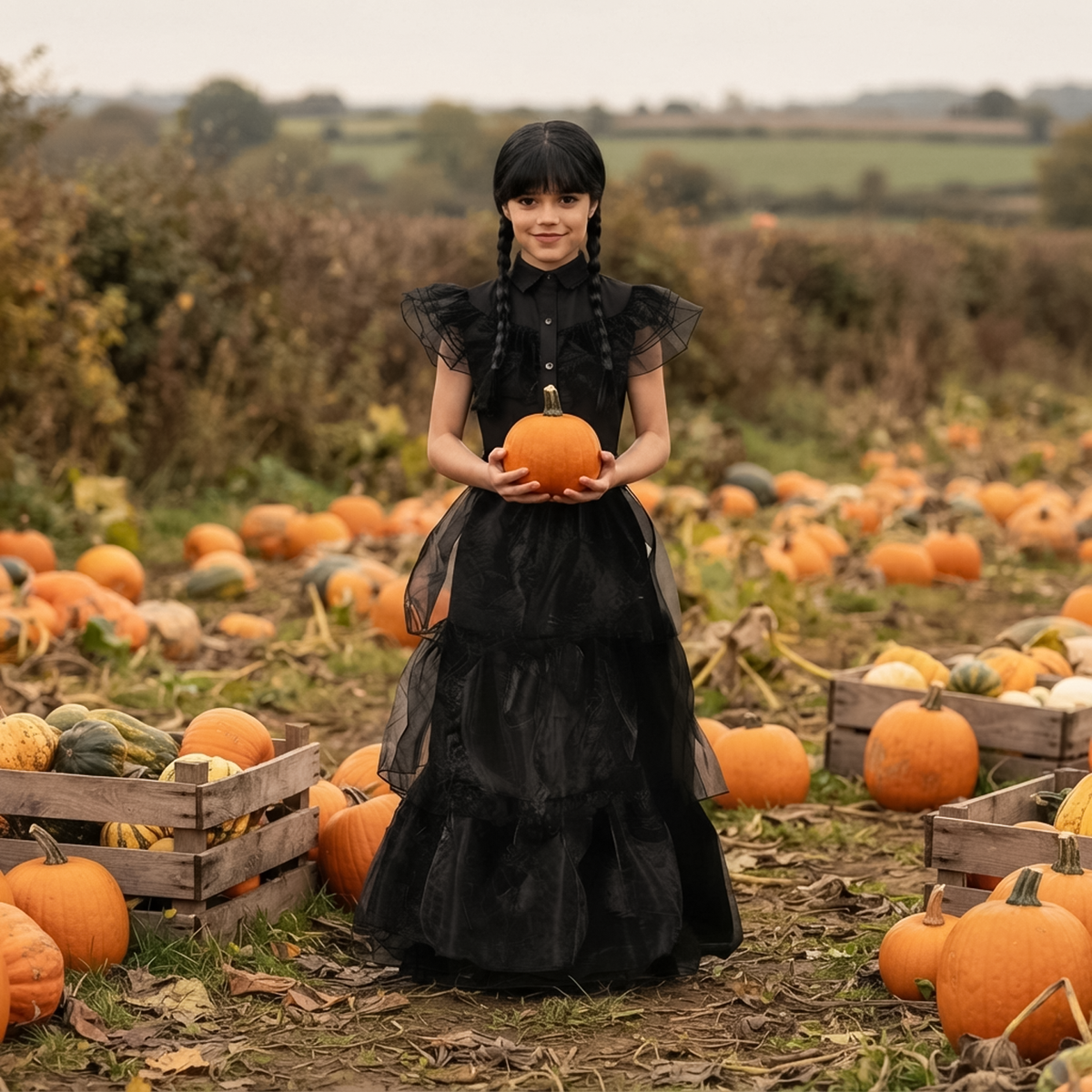 Young girl wearing black girls gothic prom dress holding a pumpkin in an autumn patch.