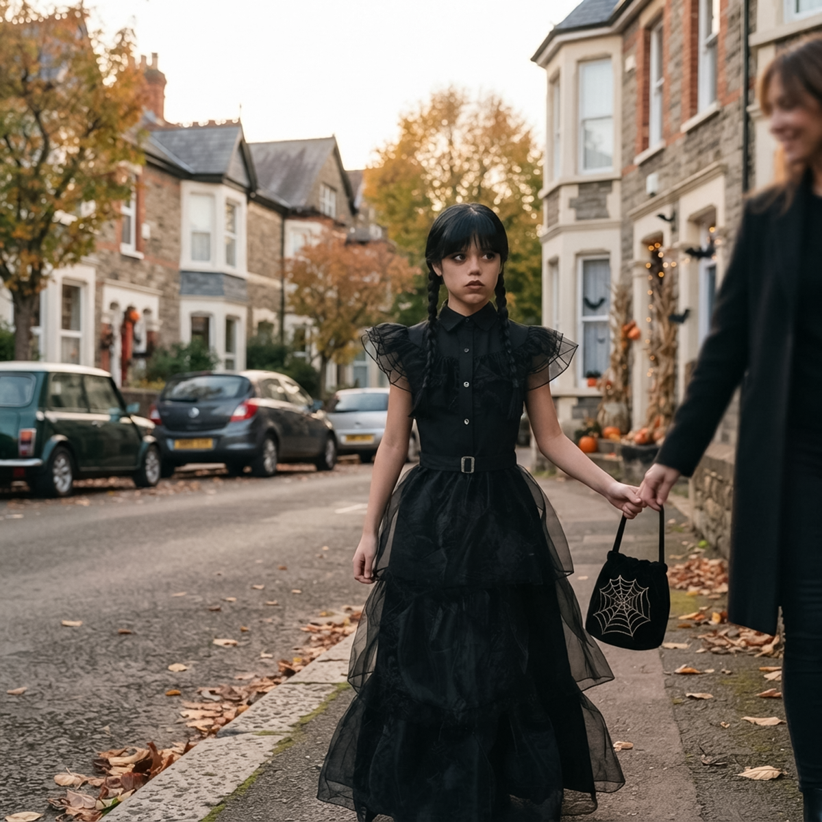 Girl walking down street in black girls gothic prom dress holding spiderweb bag.