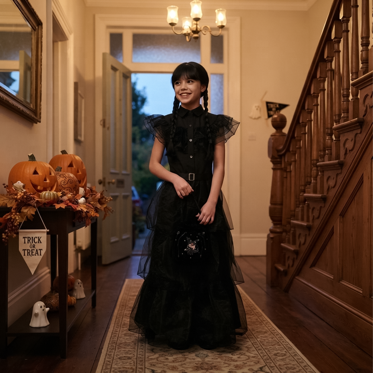 Smiling girl wearing black girls gothic prom dress with buckle belt in hallway.