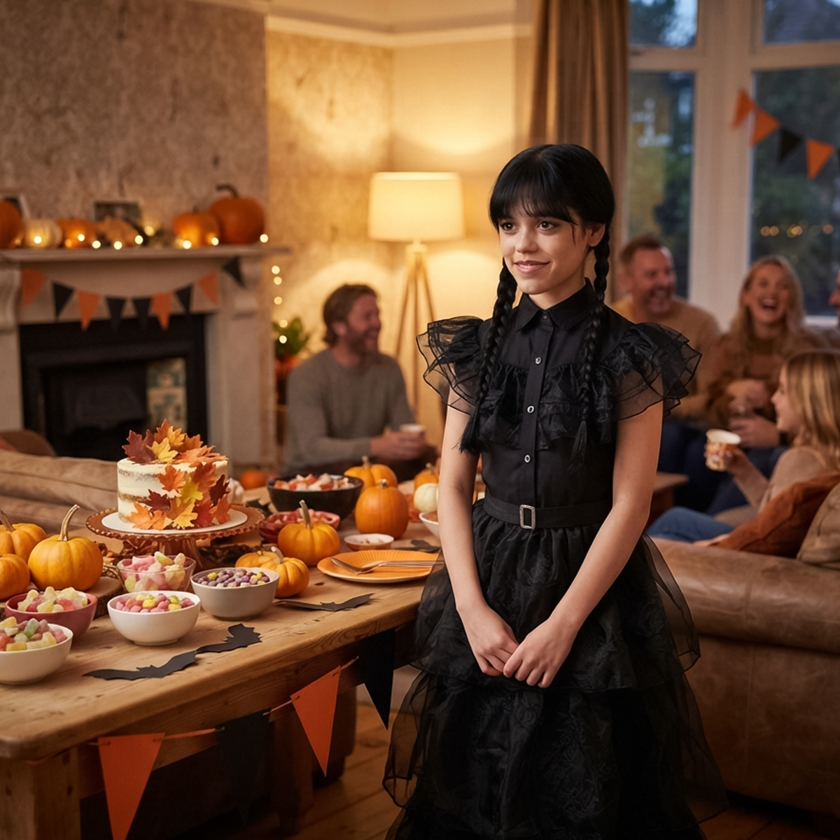 Girl black girls gothic prom dress standing by dining table decorated with pumpkins.