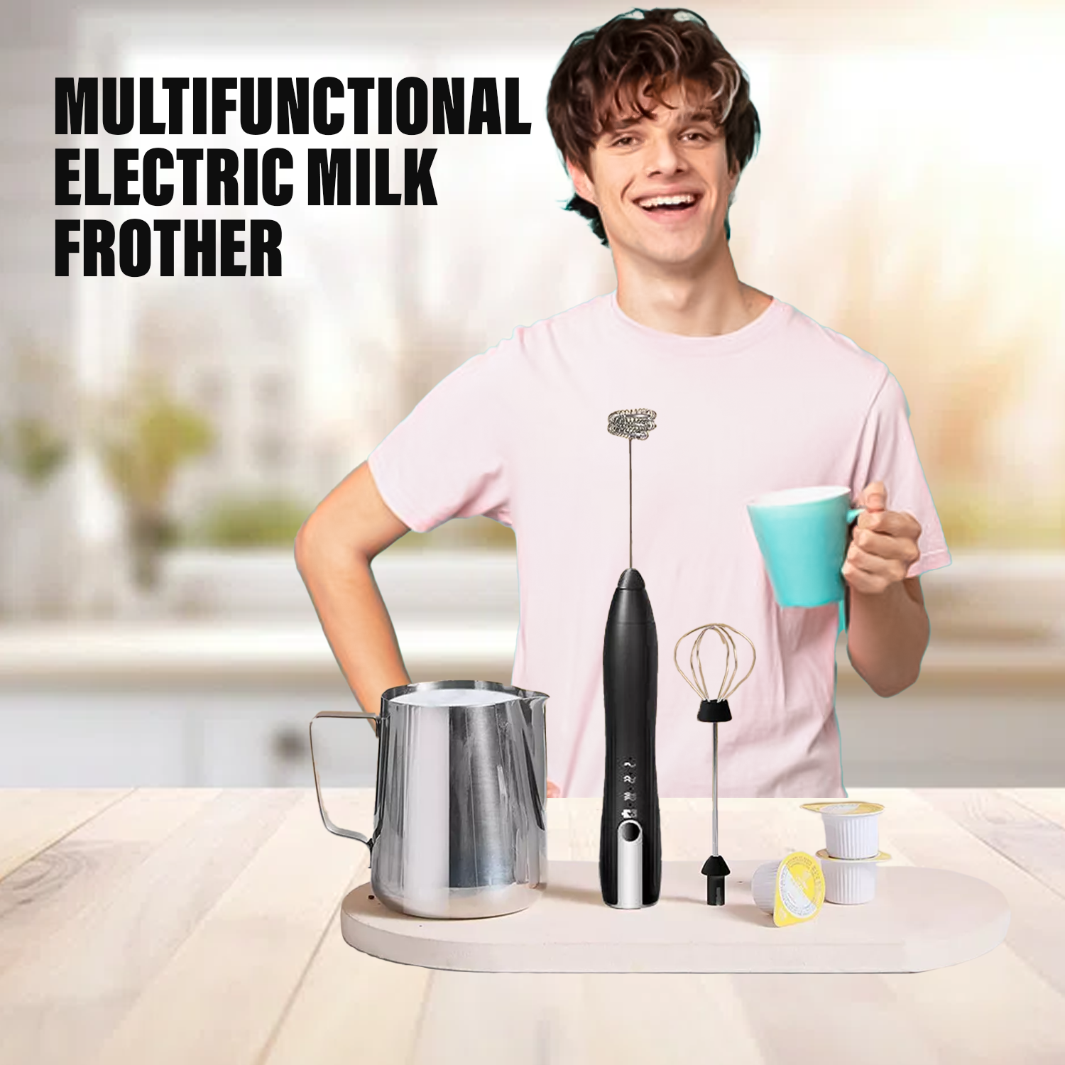 Electric milk frother for lattes and cappuccinos