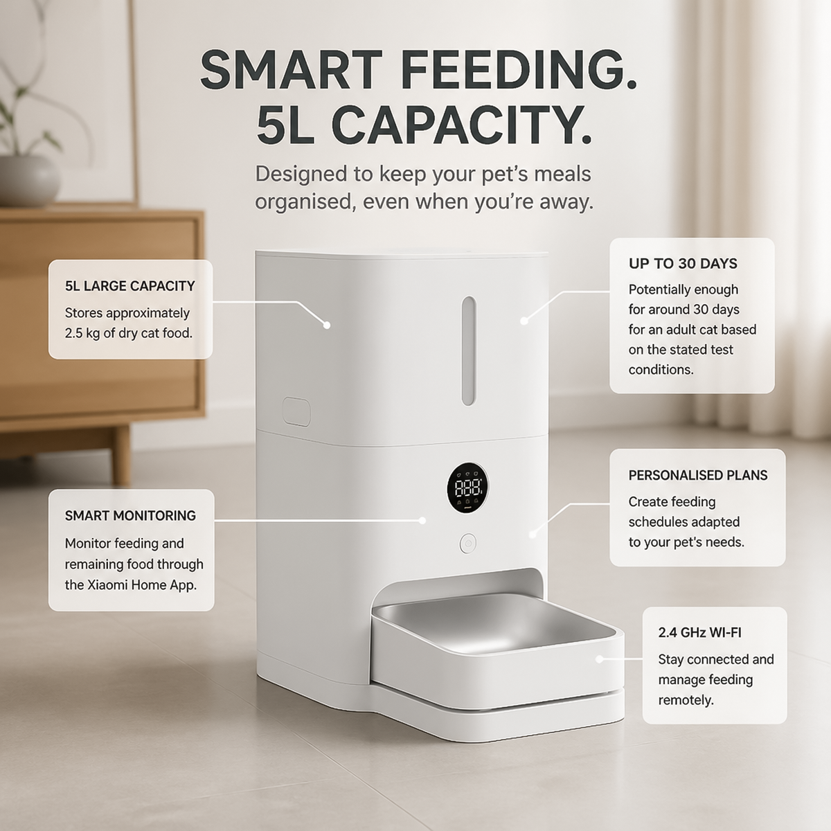 5L large capacity automatic smart pet feeder with Wi-Fi app features.