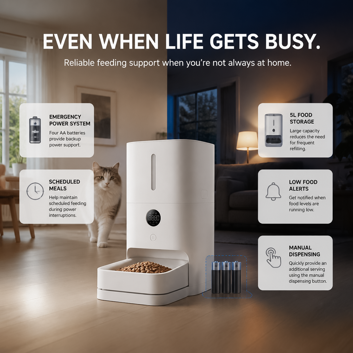 Automatic smart pet feeder with dual emergency battery backup system.