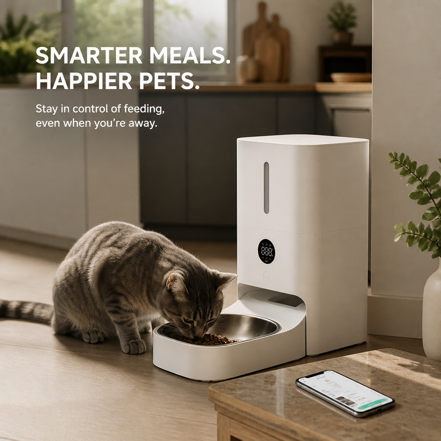 Tabby cat eating from automatic smart pet feeder next to smartphone app schedule.