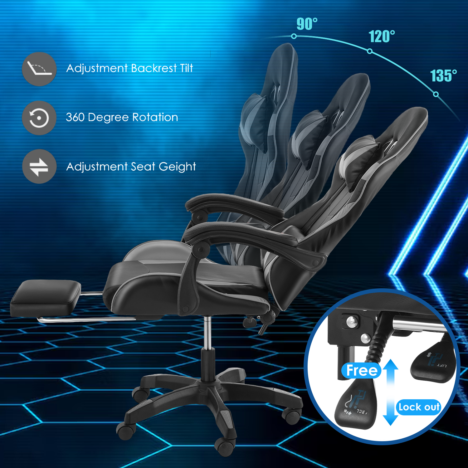 Gaming desk chair with neck and back support