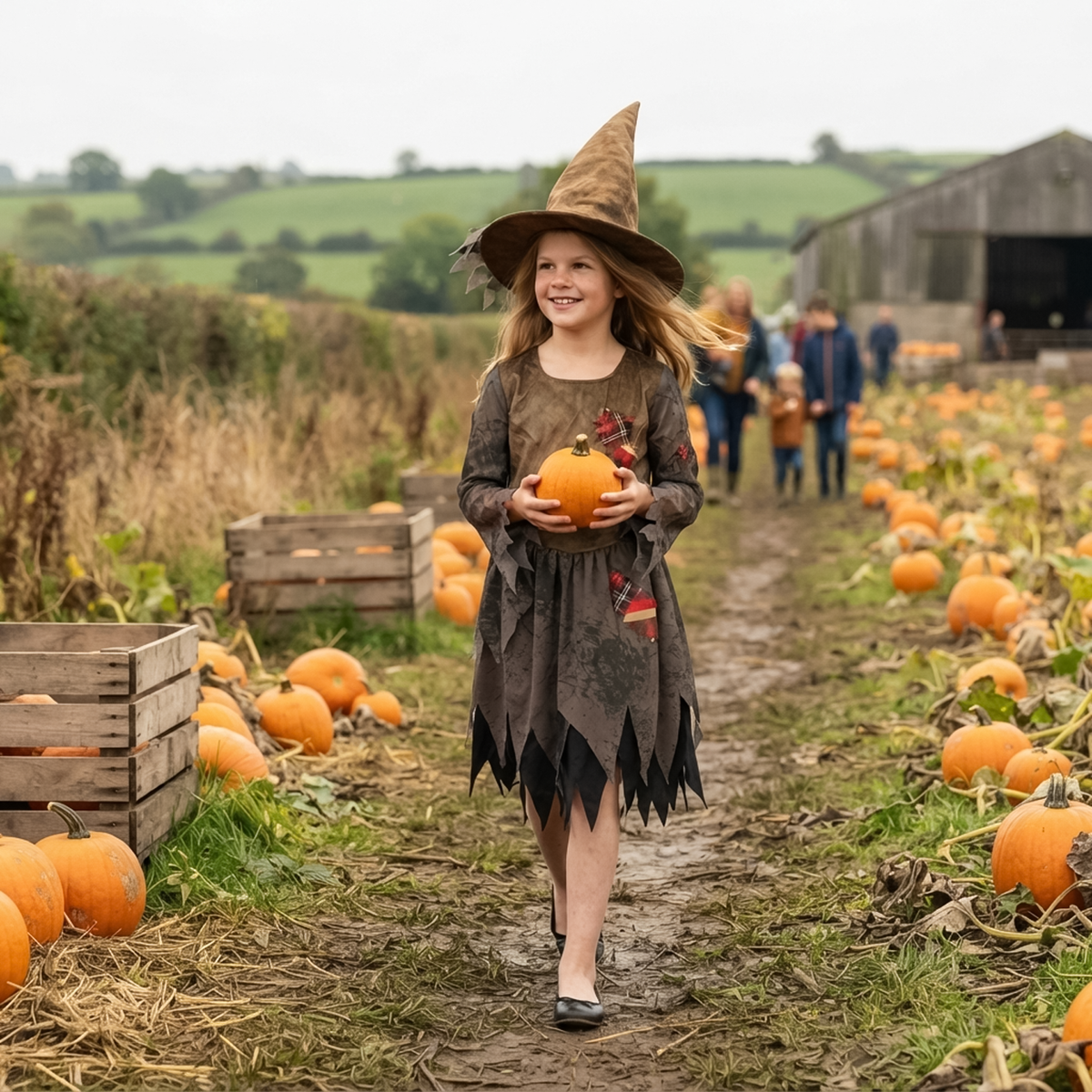 Child walking through outdoor pumpkin patch wearing girls evil witch costume with pointed hat.