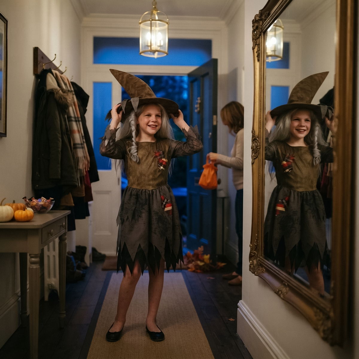 Smiling girl wearing girls evil witch costume adjusting hat in hallway mirror