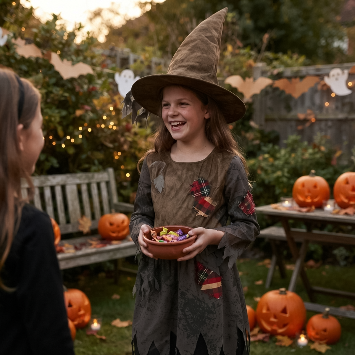 Child in girls evil witch costume holding a sweet bowl in back garden with pumpkins.