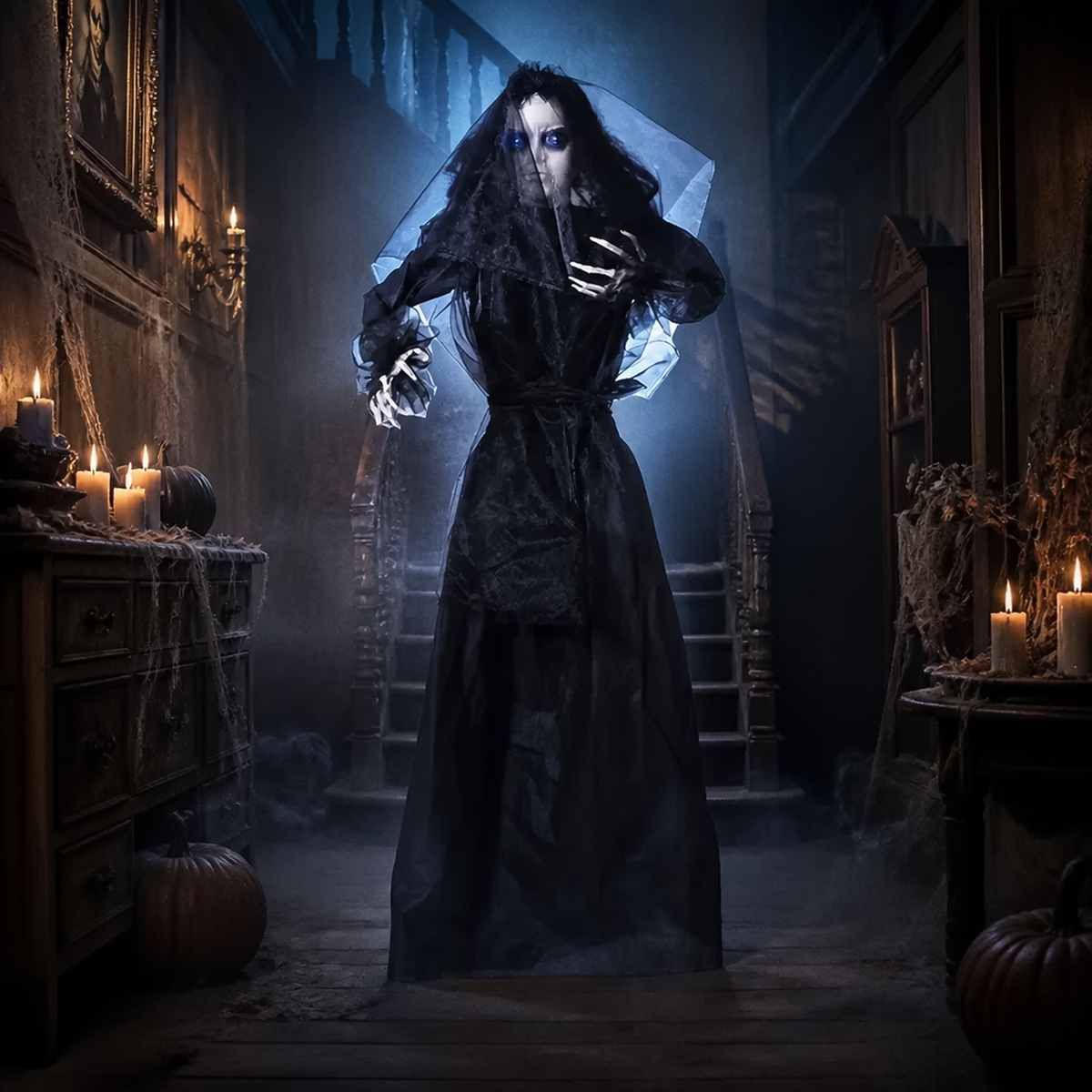 Life size hanging ghost bride halloween decoration illuminated inside haunted hallway.