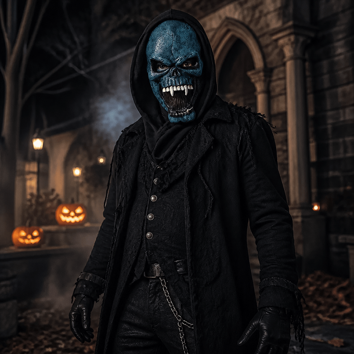 Make costume model wearing Halloween Blue Demon Mask with dark trench coat outside haunted manor.