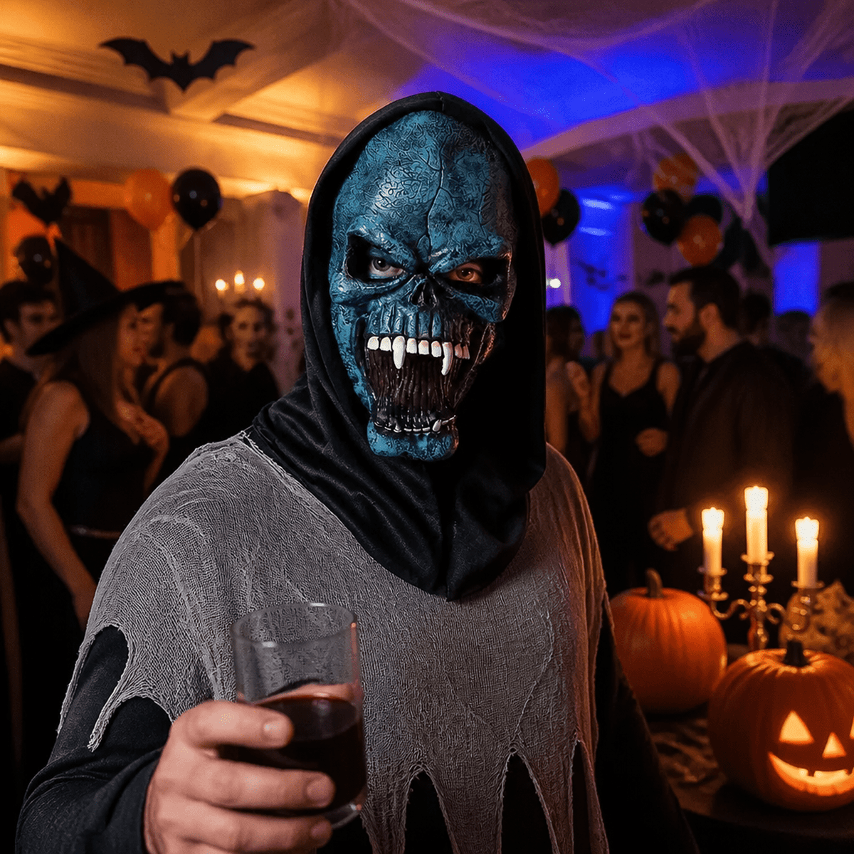 Party guest wearing Halloween Blue Demon Mask holding drink at evening Halloween event.