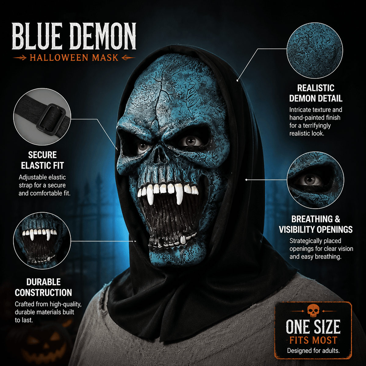 Feature breakdown diagram of halloween blue demon mask showing adjustable strap, breathability cutouts and hood.
