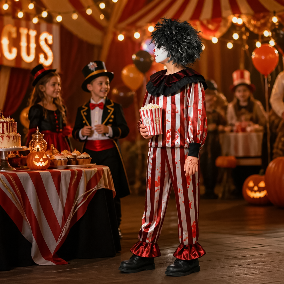 Child in halloween clown kids costume holding popcorn box at spooky circus party.
