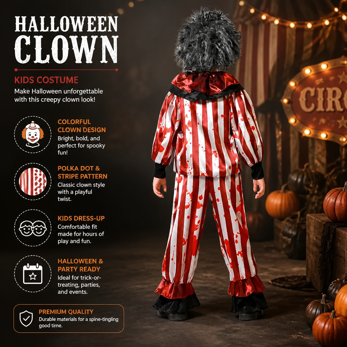 Back view feature diagram of halloween clown kids costume showing ruffles and stripes.