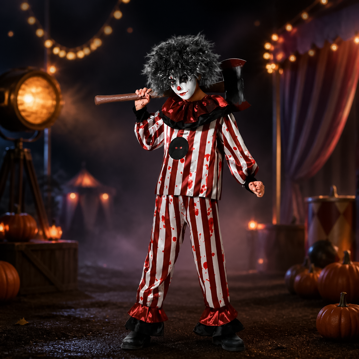 Child wearing halloween clown kids costume with black wig and axe in misty circus setting.