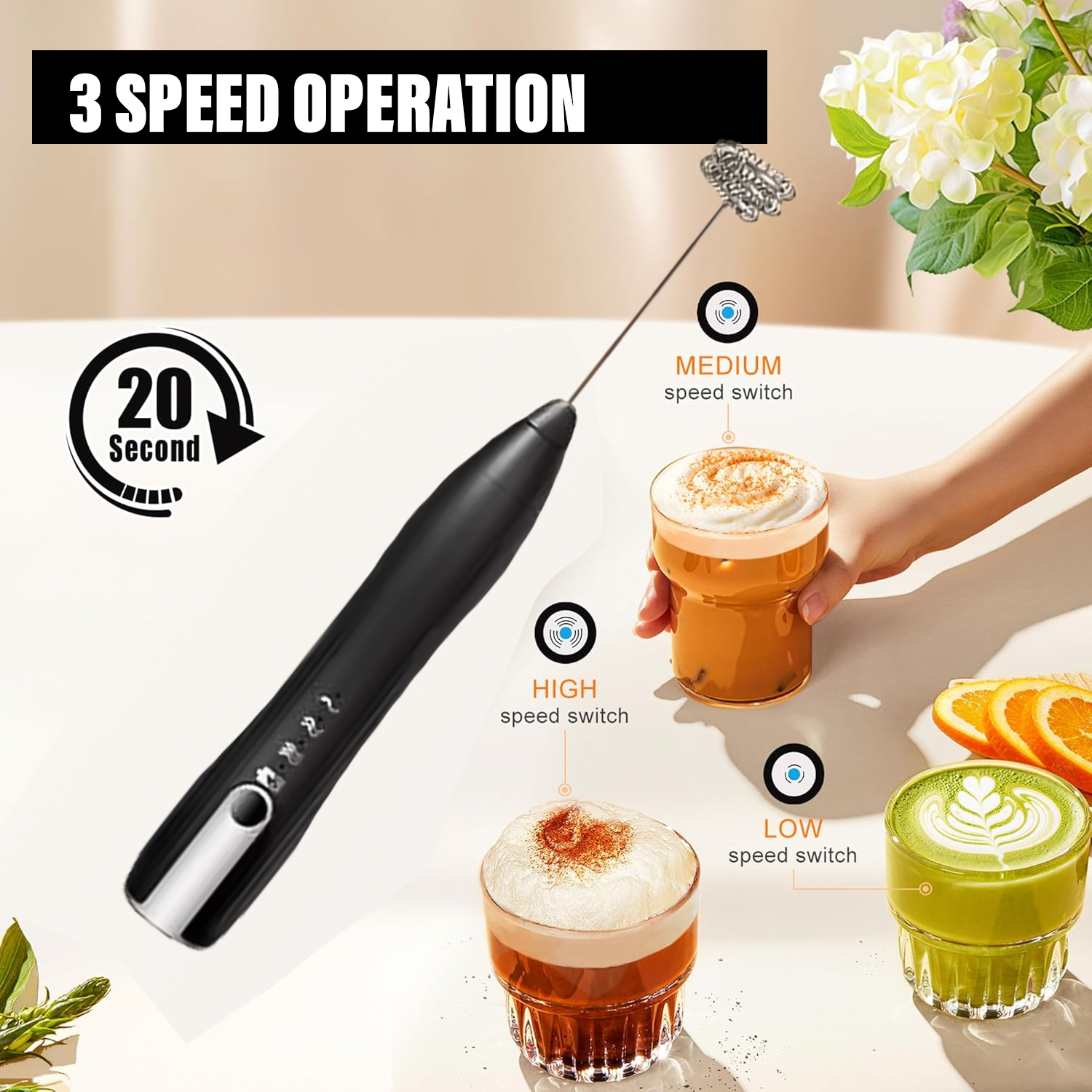 Handheld milk frother for coffee and hot chocolate