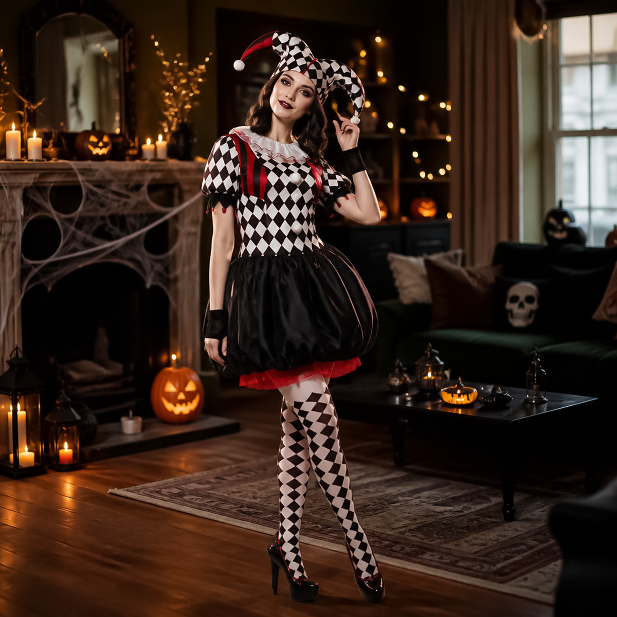 Adult woman wearing women's harlequin jester costume with diamond checks and matching curved hat in decorated room.