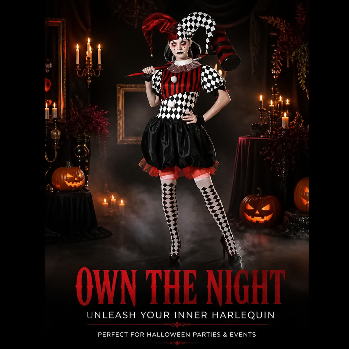 Promotional graphic showcasing the womens harlequin costume set for seasonal Halloween celeberations.