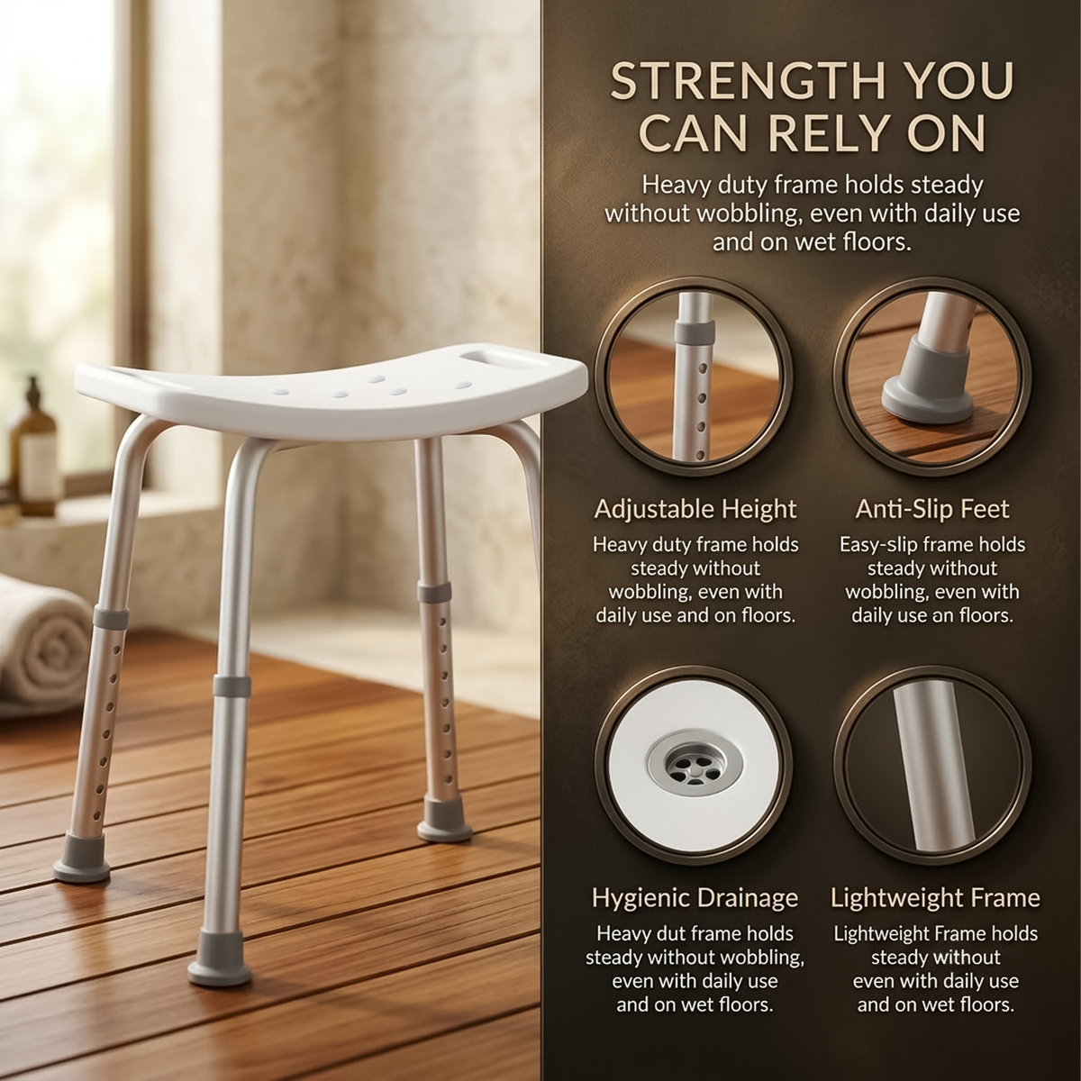 Height adjustable shower seat for safe bathing