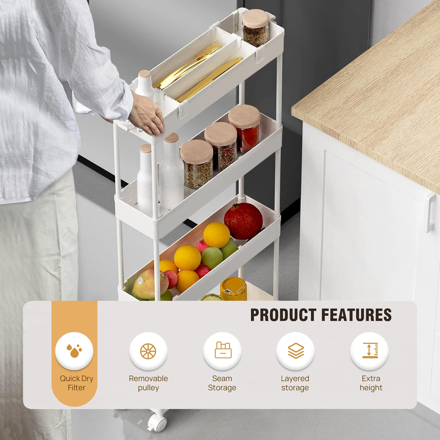 Kitchen storage trolley with wheels