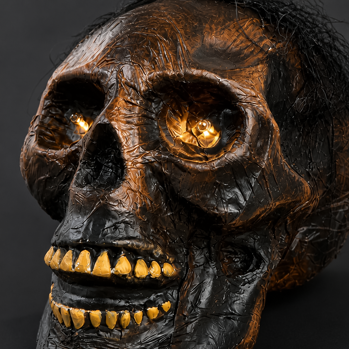 Macro detail of light up skull halloween decoration showcasing burnt skin wrinkling, yellowed teeth and LED lighting.