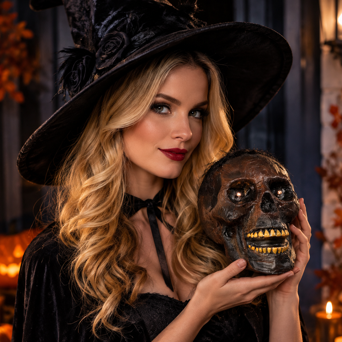 Costumed witch model holding the light up skull halloween decoration at an evening.