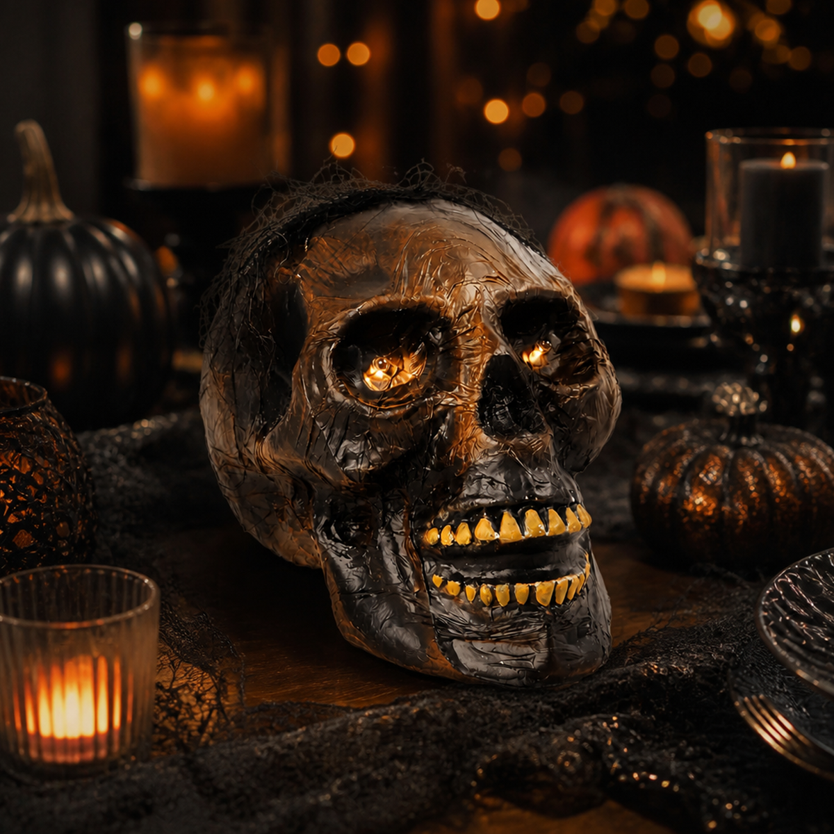 Table centrepiece setup featuring the light up skull halloween decoration on black gauze with flickering candles.
