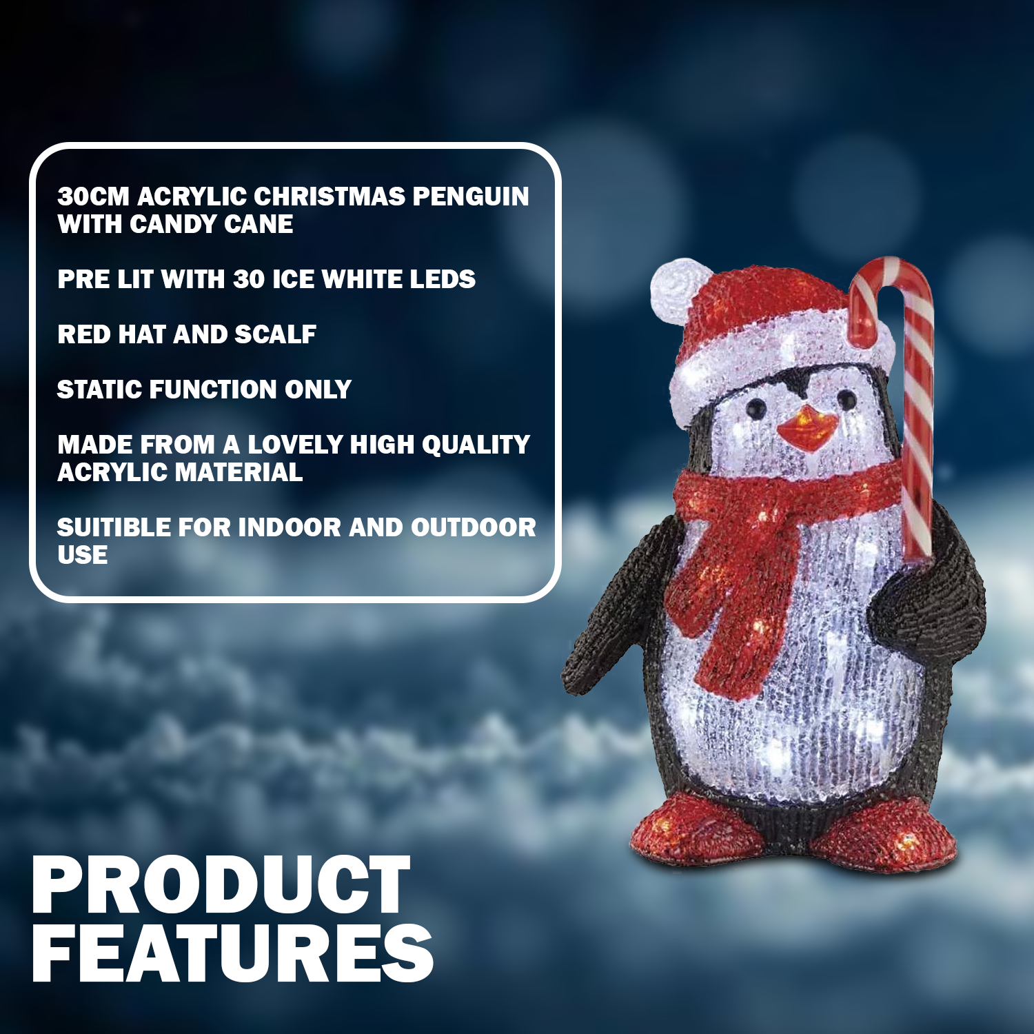 Light up acrylic Christmas penguin for indoor and outdoor décor