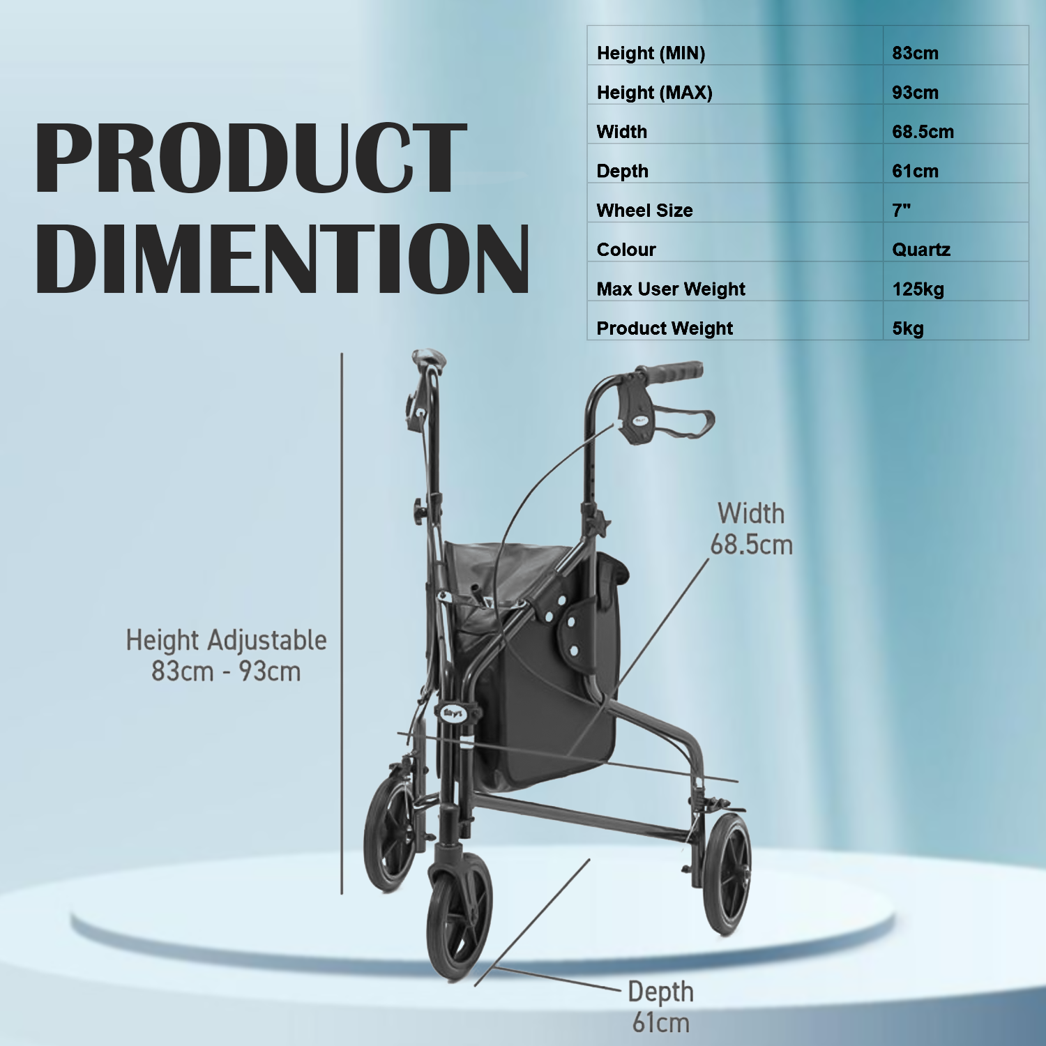 Lightweight 3-wheel walker with brakes