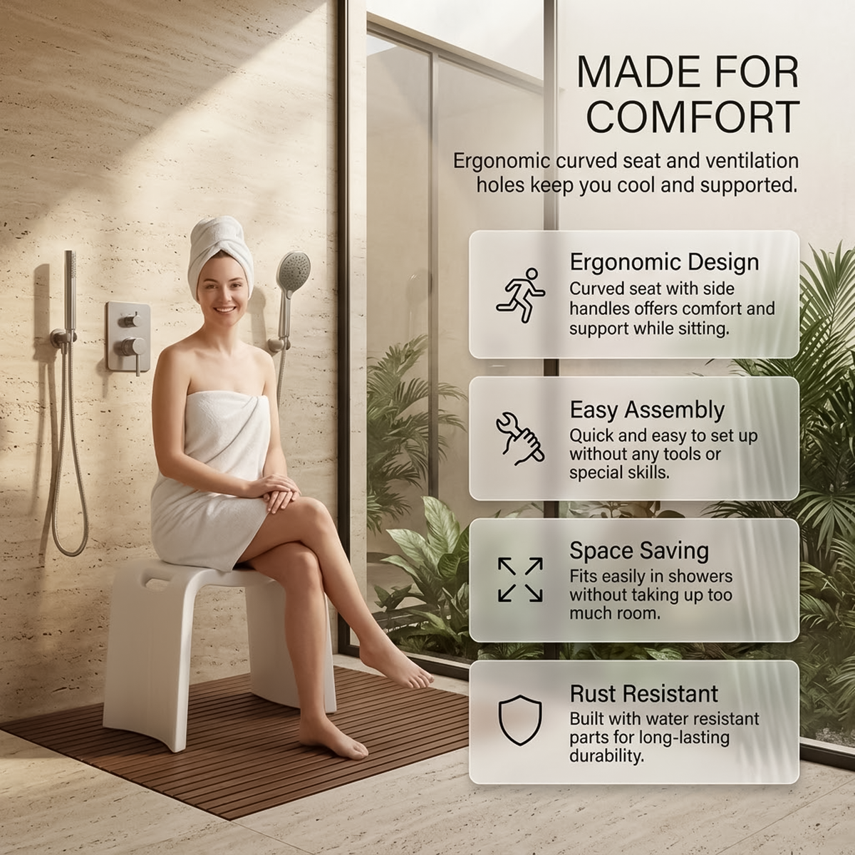 Lightweight adjustable bath stool with drainage holes